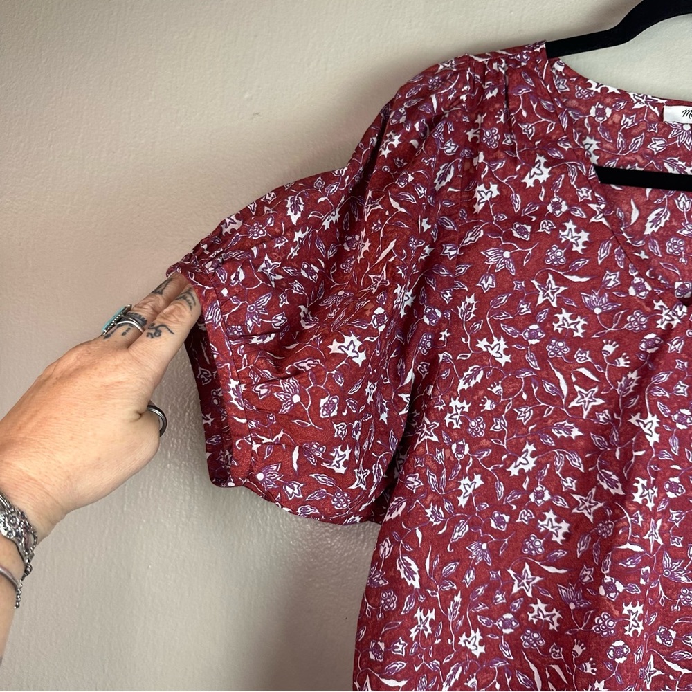 Madewell V-Neck Puff Sleeve Top in Batik Vine Weathered Brick Sz Sm - Picture 4 of 9